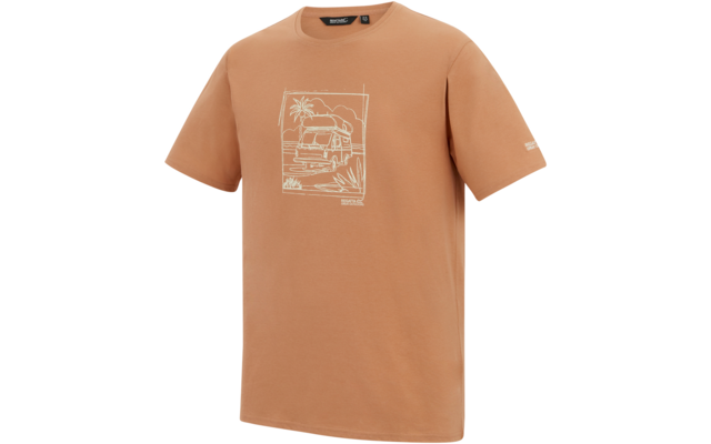 Hellbraunes Kurzarm-T-Shirt mit Rundhalsausschnitt, weiße Linienzeichnung eines Vans mit Palme und Wellen auf der Vorderseite