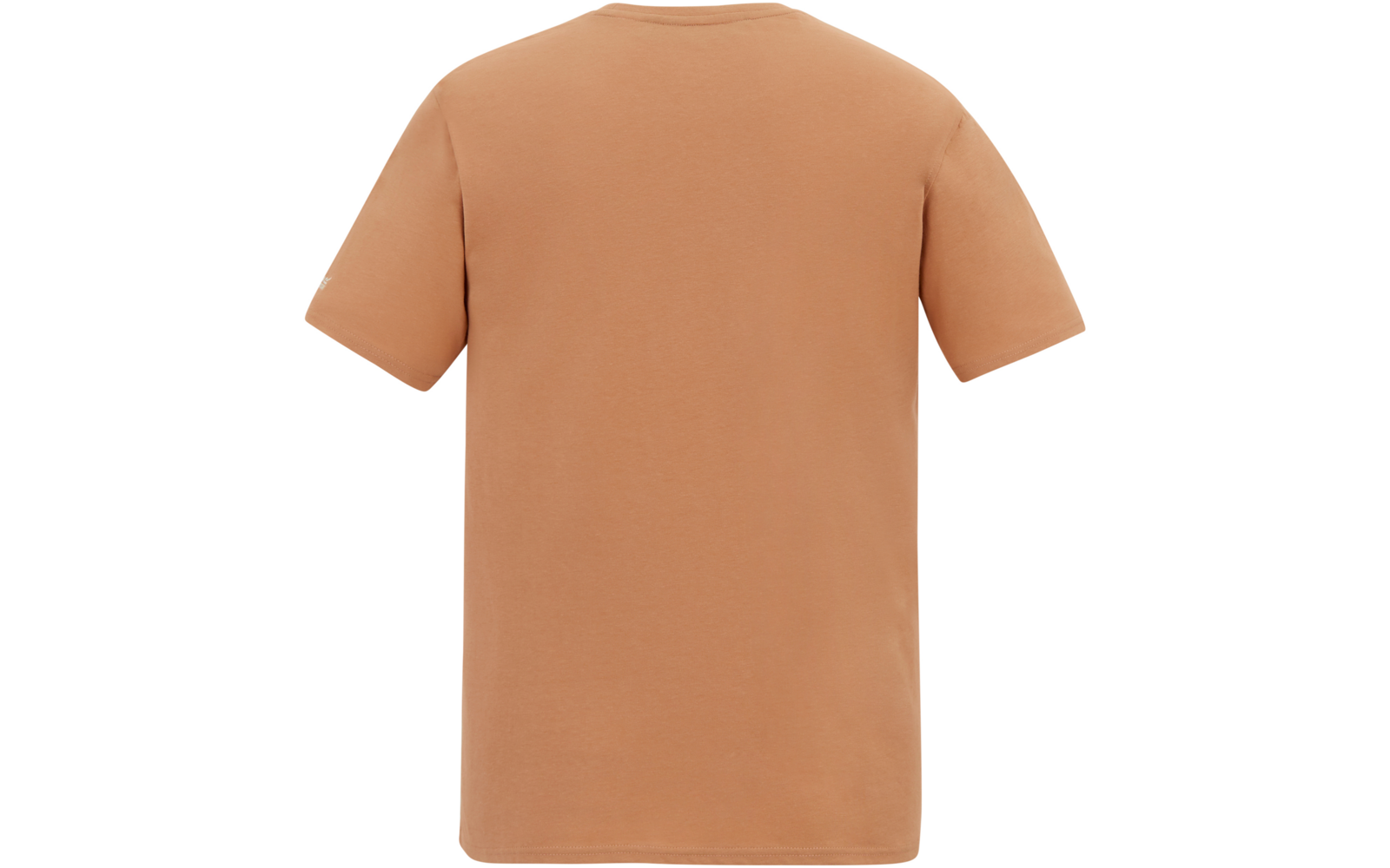 Unbedrucktes kurzärmeliges hellbraunes T‑Shirt, Rückansicht, auf weißem Hintergrund