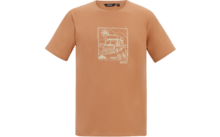 Terracotta T‑shirt met een witte lijntekening van een camper, een palmboom, de zon, golven en planten op de voorkant