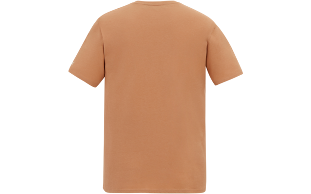 Unbedrucktes kurzärmeliges hellbraunes T‑Shirt, Rückansicht, auf weißem Hintergrund