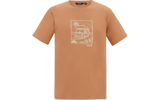 Terrakottafarbenes T‑Shirt mit weißer Linienzeichnung eines Campers, einer Palme, Sonne, Wellen und Pflanzen auf der Vorderseite