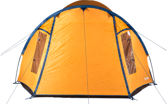 Orange Zelt mit blauem Besatz, zwei rechteckigen Fenstern, schwarzem Boden und gespannten Abspannleinen vor weißem Hintergrund