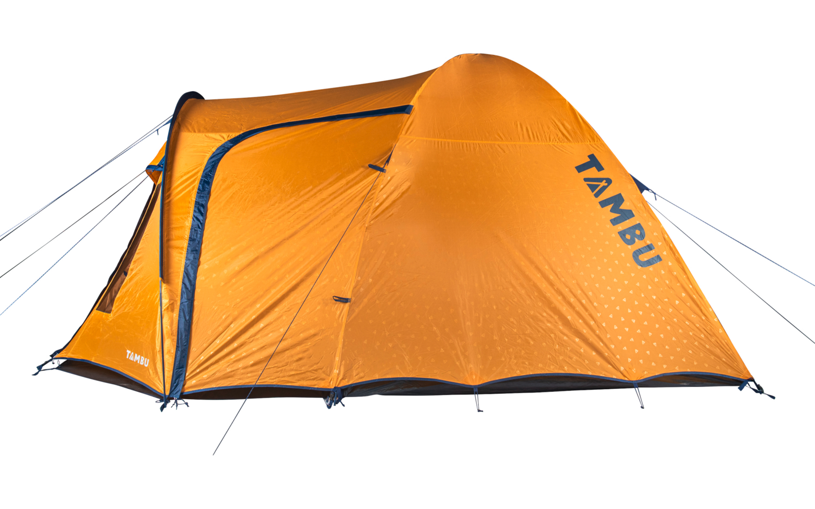 Orangenes Zelt mit geschlossenem Eingang, seitlicher Aufschrift "TAMBU" und Abspannleinen