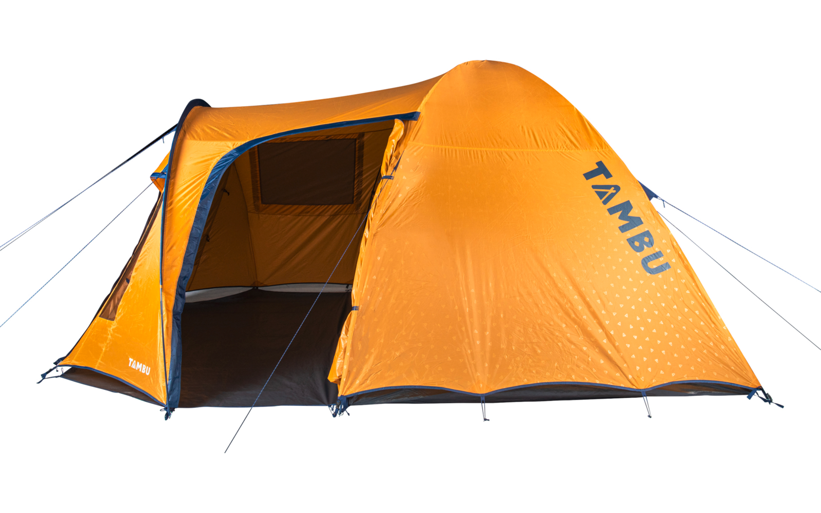 Oranges Campingzelt mit offener Eingangsklappe, sichtbarem Innenraum und dem Schriftzug "TAMBU" an der Seite