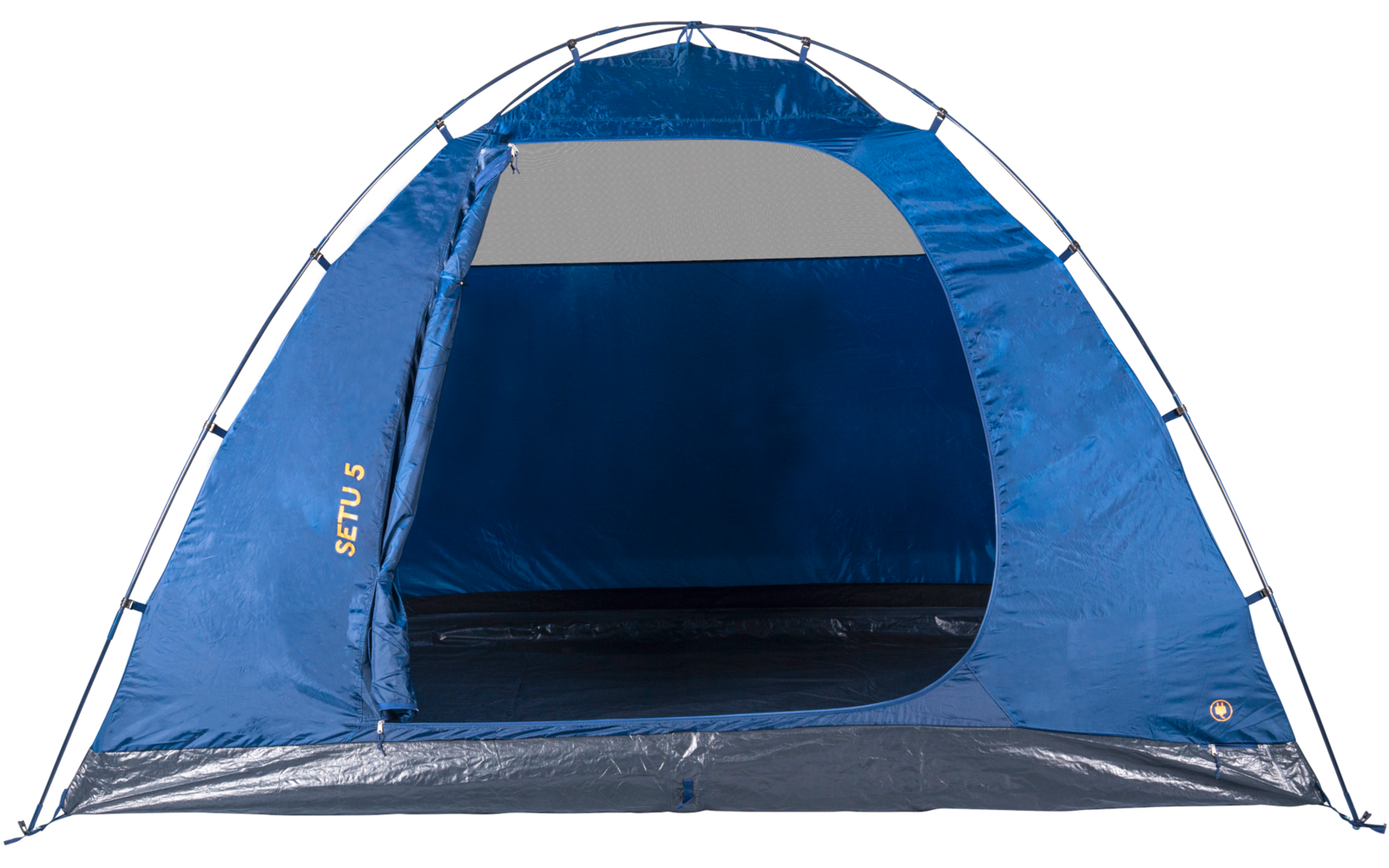 Blaues Kuppelzelt mit offenem Eingang, sichtbaren Gestängebögen und Innenboden