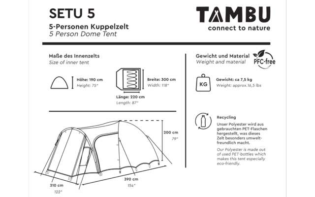 Datenblatt mit Titel „SETU 5“ und Untertitel „5‑Personen Kuppelzelt“, Markenlogo „TAMBU“, Piktogramme und schematische Zeltzeichnungen mit nummerischen Maßen (H: 190 cm; B: 300 cm; L: 220 cm; Gesamtmaße 310 cm × 390 cm; Seitenhöhe 200 cm), Gewichtsan