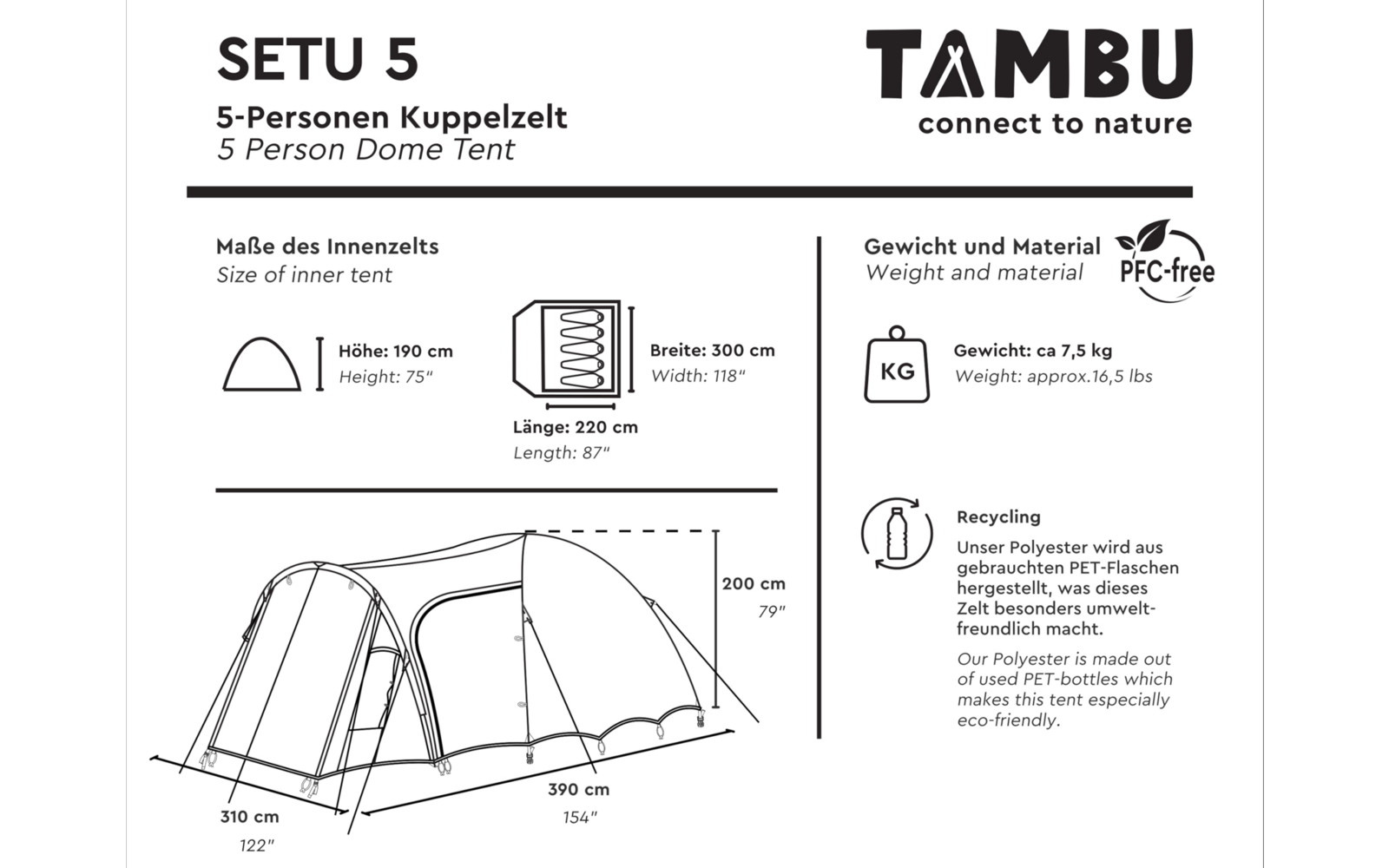 Datenblatt mit Titel „SETU 5“ und Untertitel „5‑Personen Kuppelzelt“, Markenlogo „TAMBU“, Piktogramme und schematische Zeltzeichnungen mit nummerischen Maßen (H: 190 cm; B: 300 cm; L: 220 cm; Gesamtmaße 310 cm × 390 cm; Seitenhöhe 200 cm), Gewichtsan