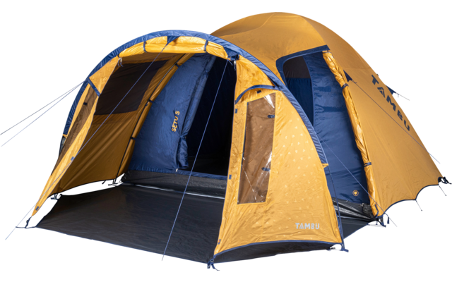 Orange and blue tent with open entrance, several guy lines and a groundsheet on a white background