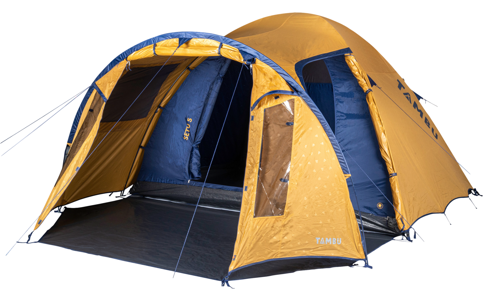 Orange and blue tent with open entrance, several guy lines and a groundsheet on a white background