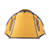 Orange dome tent with blue trim, two rectangular windows, black base and guy lines on a white background
