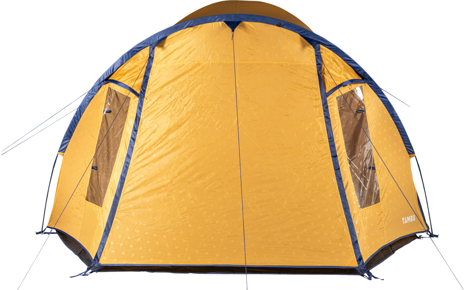 Orange dome tent with blue trim, two rectangular windows, black base and guy lines on a white background