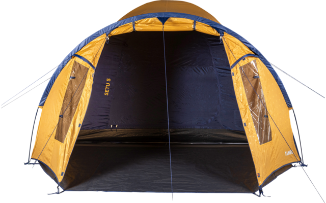 Orange and dark-blue dome tent with open front entrance, two side windows, black interior floor, and tensioned guy lines