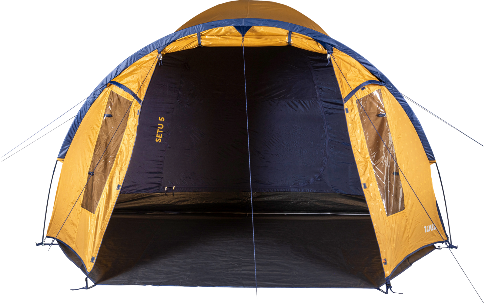 Orange and dark-blue dome tent with open front entrance, two side windows, black interior floor, and tensioned guy lines