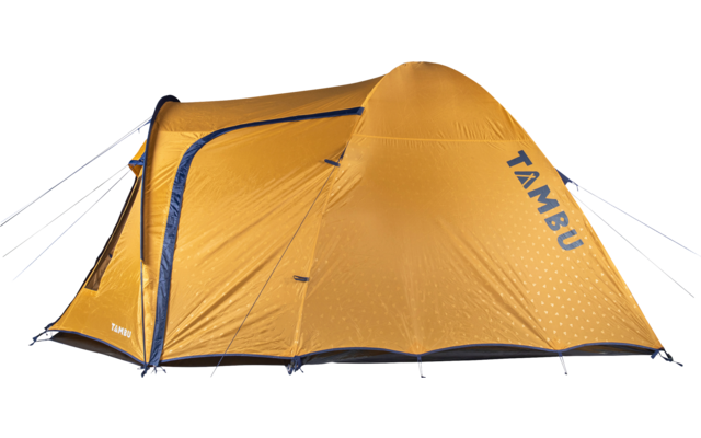 Orange tent with closed entrance, "TAMBU" printed on the side, and guy lines
