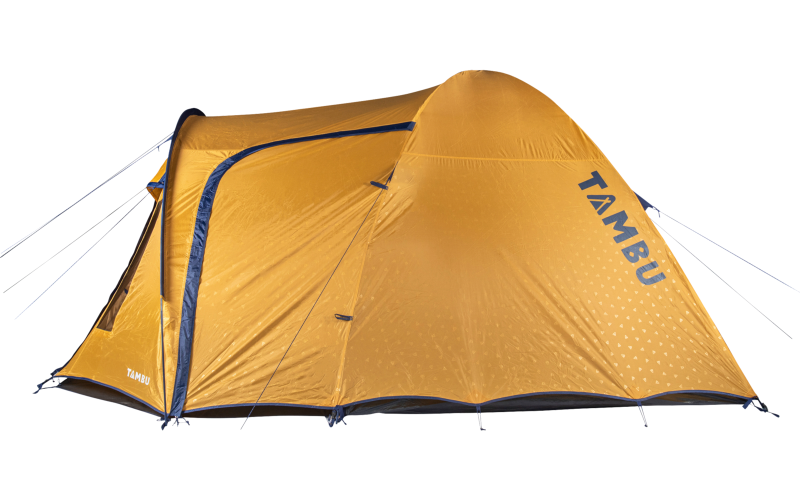 Orange tent with closed entrance, "TAMBU" printed on the side, and guy lines