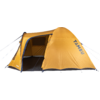 Orange camping tent with open entrance, visible interior, and the text "TAMBU" on the side