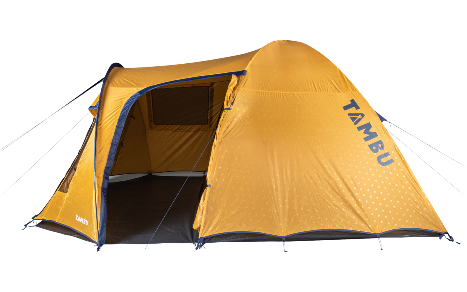 Orange camping tent with open entrance, visible interior, and the text "TAMBU" on the side