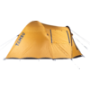 Orange tent with printed text TAMBU, two zippered openings, guy lines and ground stakes