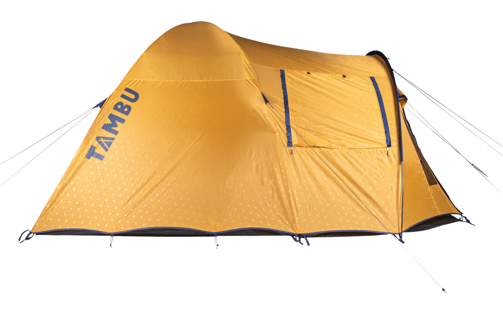 Orange tent with printed text TAMBU, two zippered openings, guy lines and ground stakes