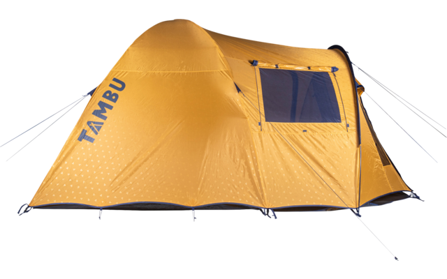 Orange dome tent with printed text 'TAMBU', rectangular window with dark mesh, zipper and guy lines on a white background
