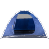 Blue dome tent with open front, visible support poles and interior floor