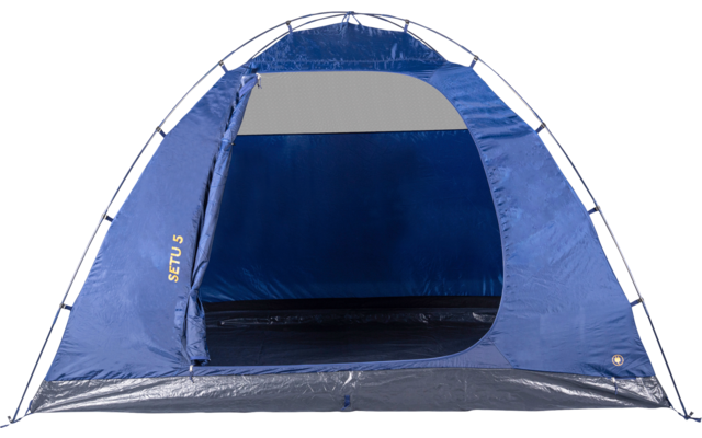 Blue dome tent with open front, visible support poles and interior floor