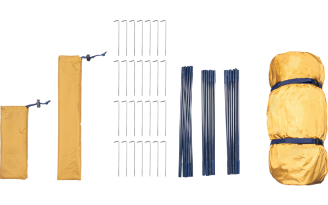 Two orange fabric pouches with drawstrings, several silver metal stakes arranged in rows, four bundles of dark poles, and one orange rolled-up bag with black straps on a white background