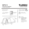 Product sheet titled “SETU 5” with subtitle “5 Person Dome Tent”, brand logo “TAMBU”, icons and schematic tent drawings showing numeric dimensions (H: 190 cm; W: 300 cm; L: 220 cm; overall 310 cm × 390 cm; side height 200 cm), weight listed approx. 7.5 kg and recycling note