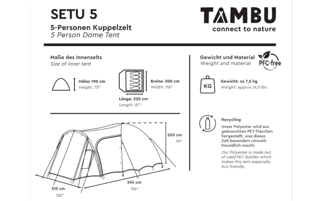 Product sheet titled “SETU 5” with subtitle “5 Person Dome Tent”, brand logo “TAMBU”, icons and schematic tent drawings showing numeric dimensions (H: 190 cm; W: 300 cm; L: 220 cm; overall 310 cm × 390 cm; side height 200 cm), weight listed approx. 7.5 kg and recycling note