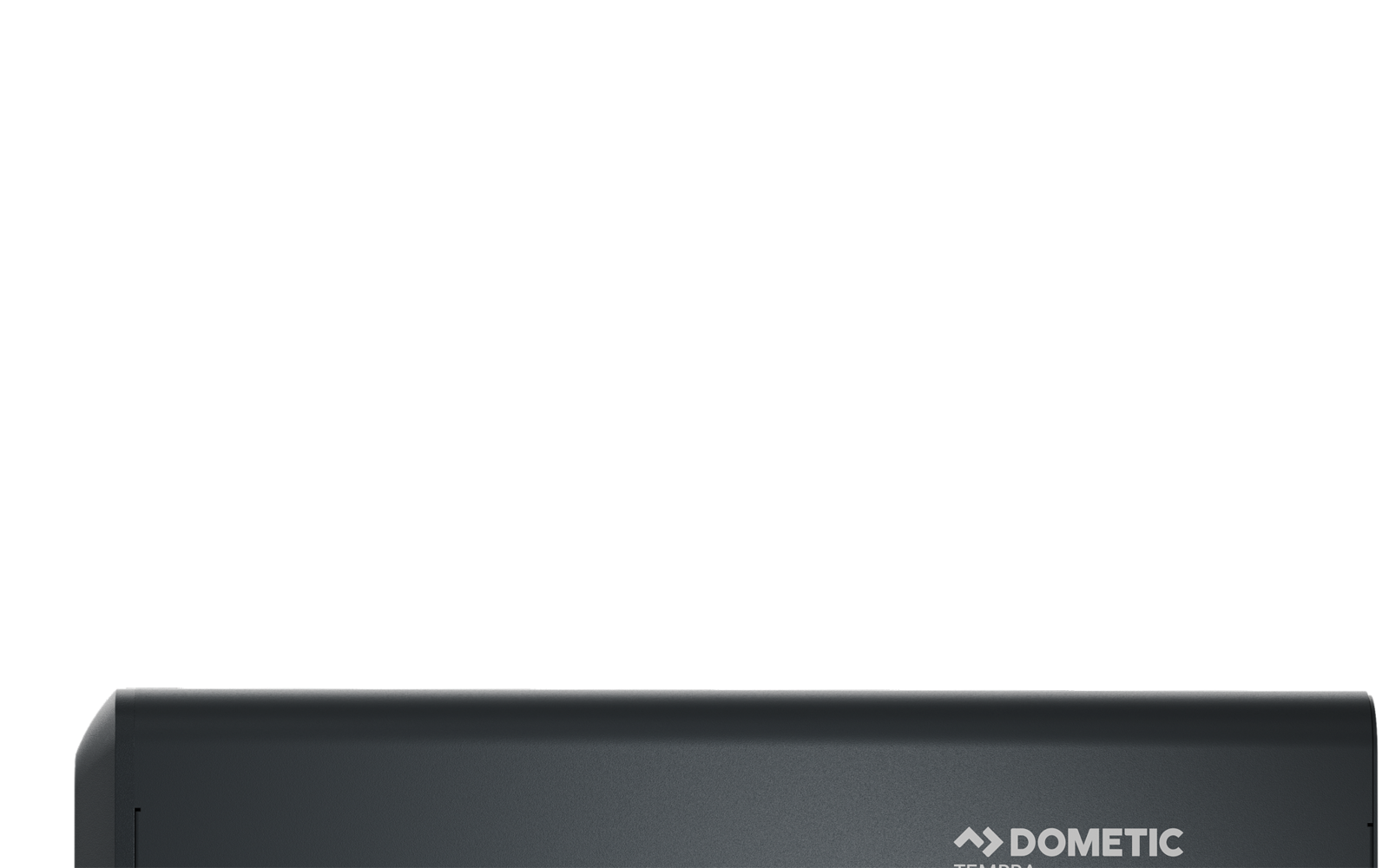 Dunkelgraues rechteckiges Gehäuse mit Dometic-Logo oben, zwei Anschlussklemmen links (rot und schwarz) und zwei Klappen an der unteren Vorderseite