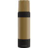 Goldfarbene Isolierflasche stehend mit schwarzem Schraubverschluss, schwarzen Ringen und SIGG-Logo unten
