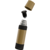 Gold-schwarze Thermosflasche mit abgenommenem Deckel und Trinkbecher; Deckel schwebt über der Flasche