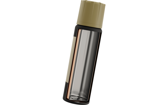 Zylindrischer Gegenstand mit goldfarbenem Deckel, transparentem grauem Mittelteil, schwarzem Rahmen und sichtbarem orangen Innenstreifen