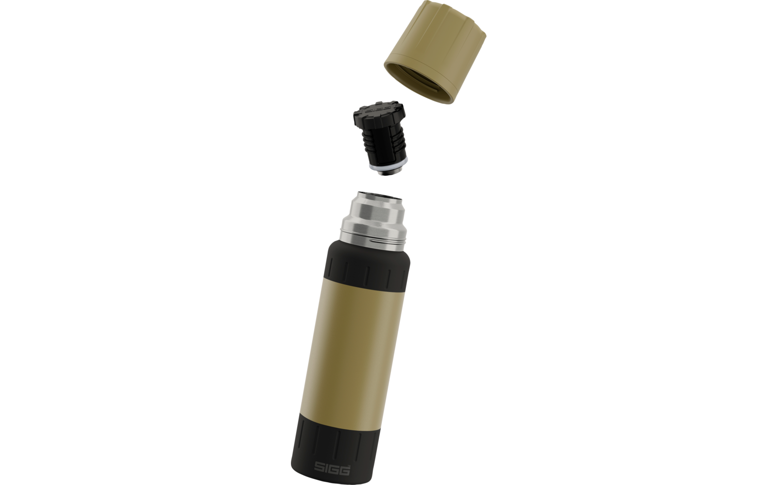 Gold-schwarze Thermosflasche mit abgenommenem Deckel und Trinkbecher; Deckel schwebt über der Flasche