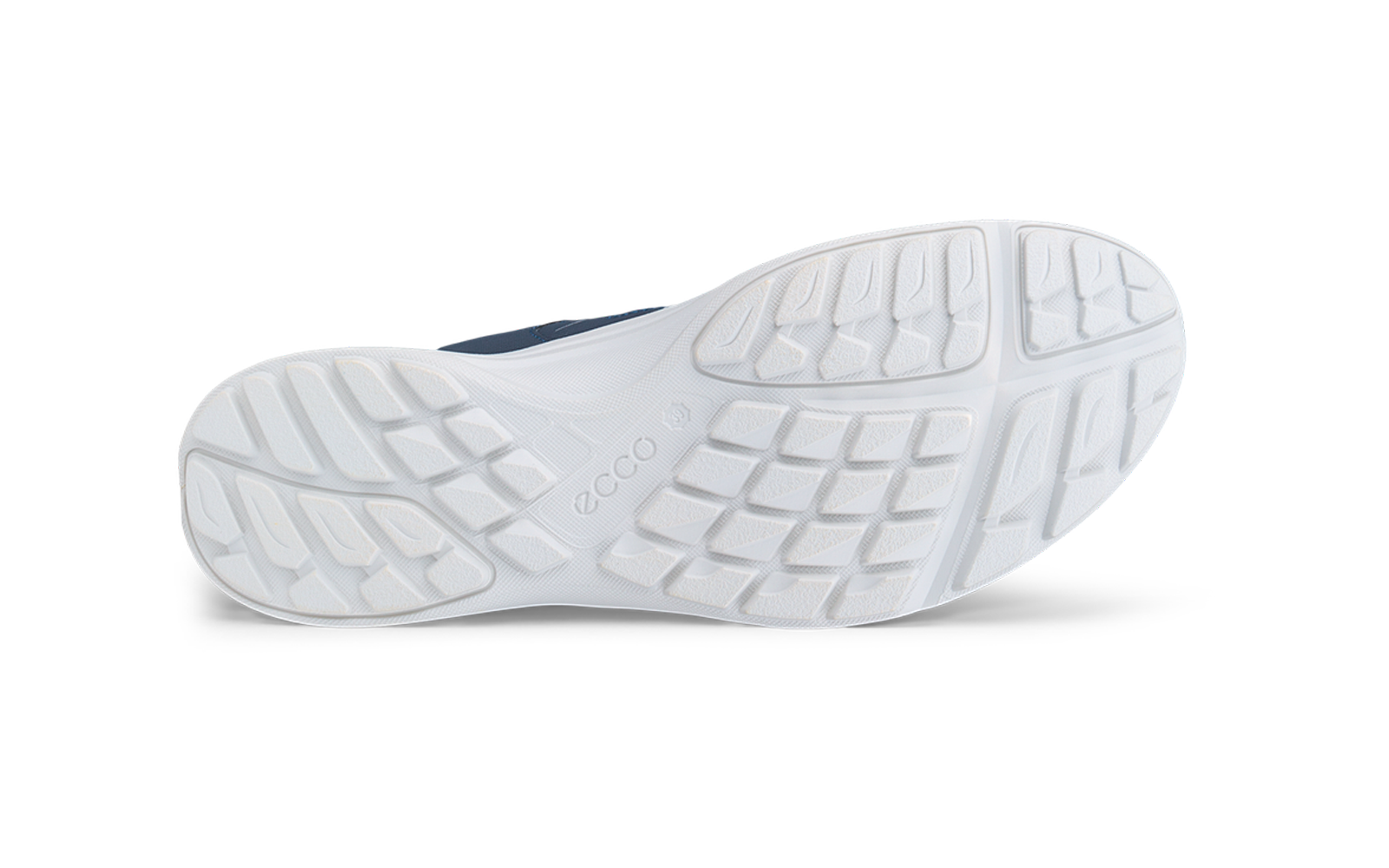 Suela de zapato blanca con dibujo de la banda de rodadura y logo ecco, vista desde abajo