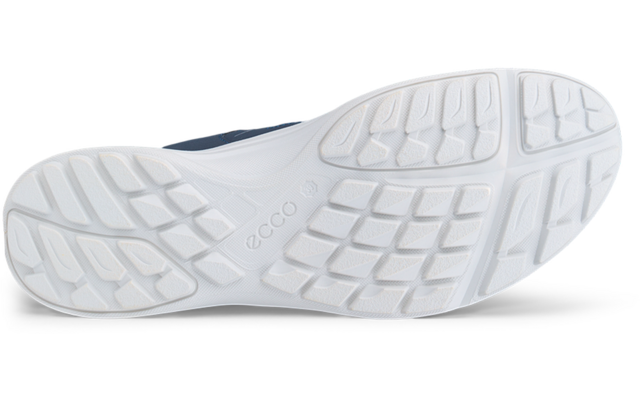 Suela de zapato blanca con dibujo de la banda de rodadura y logo ecco, vista desde abajo