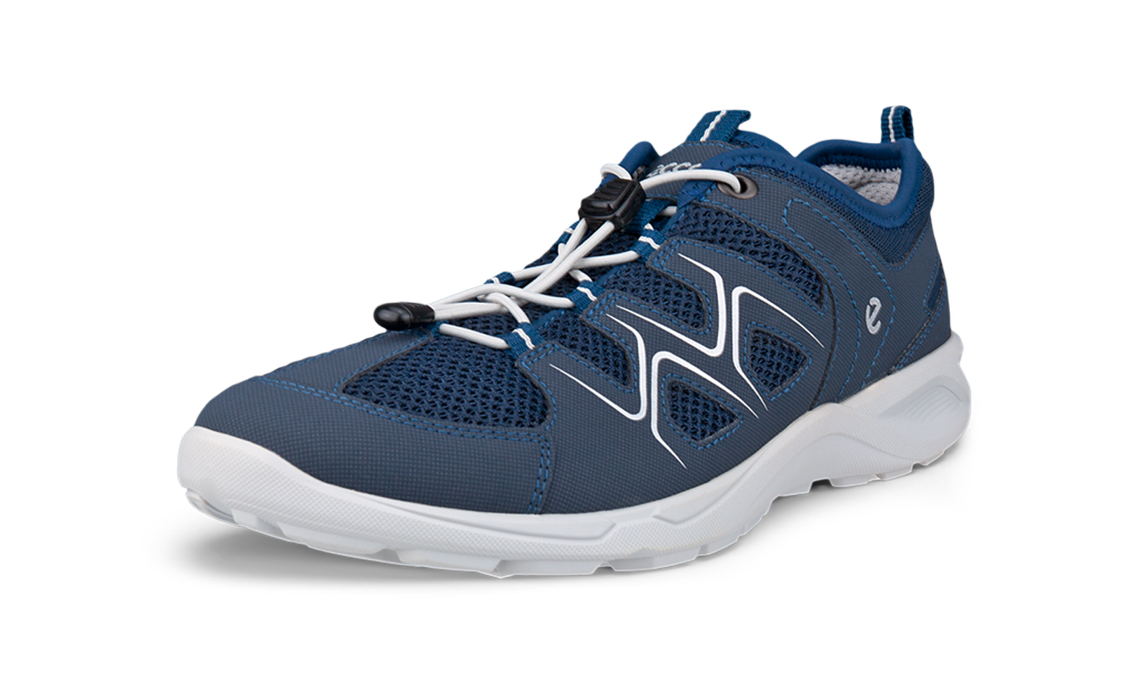 Zapatilla deportiva azul de malla, suela blanca, cordones elásticos blancos, tope de cordón negro y tirador en el talón