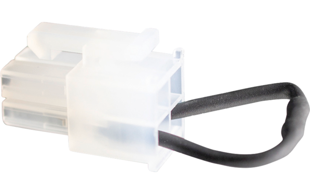 Connettore rettangolare in plastica bianca traslucida con due fili neri isolati che formano una piccola curva