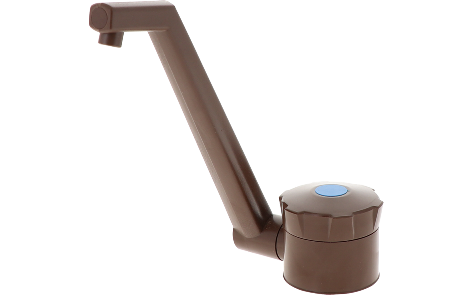 Rubinetto in plastica marrone con lungo beccuccio inclinato e manopola rotonda con punto blu