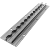 Pièce métallique rectangulaire argentée avec rainures ondulées et plusieurs trous de vis fraisés