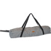 Light gray, long fabric carrying bag with black shoulder straps, brown logo patch and two metal rods protruding from the left end