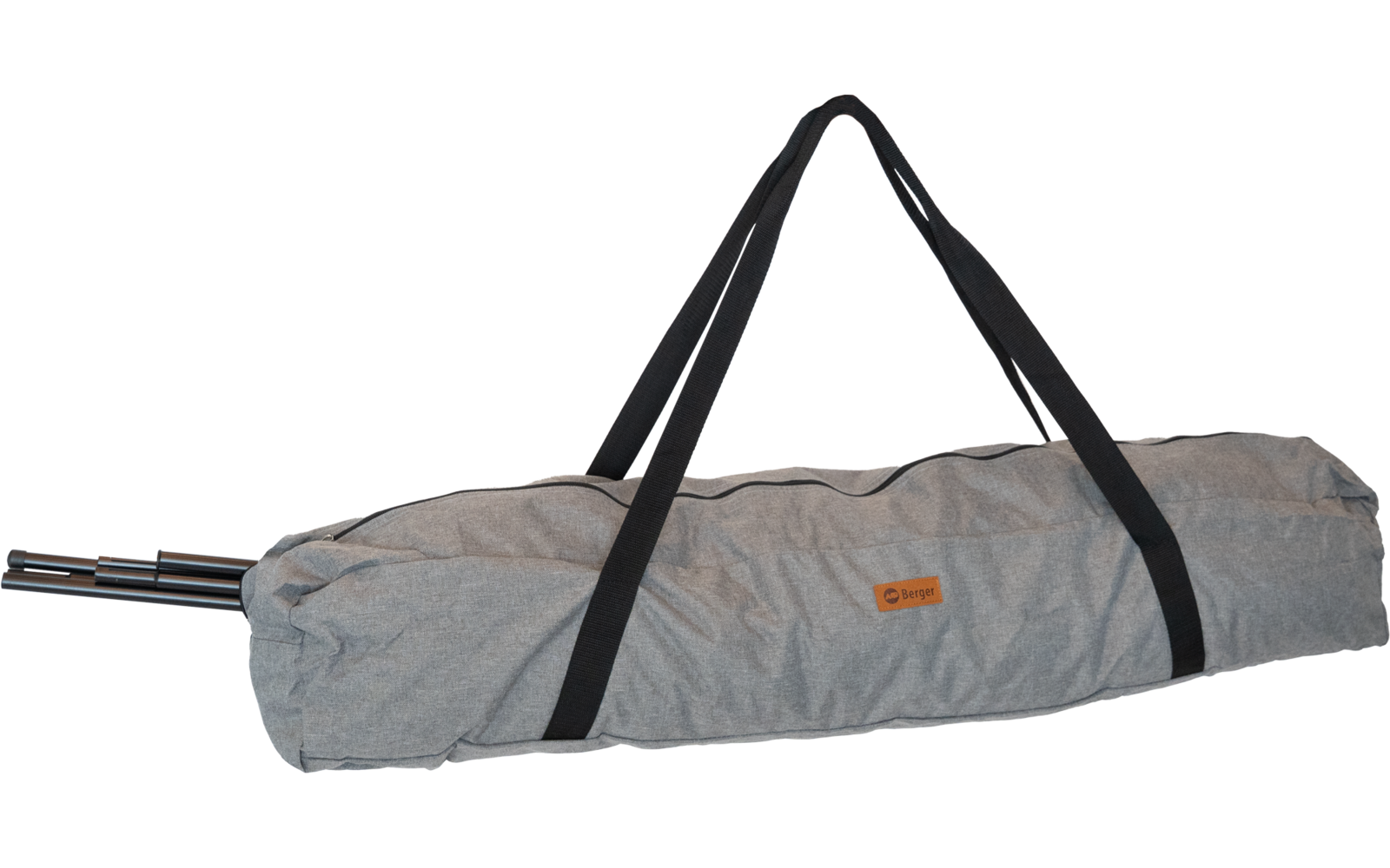 Light gray, long fabric carrying bag with black shoulder straps, brown logo patch and two metal rods protruding from the left end