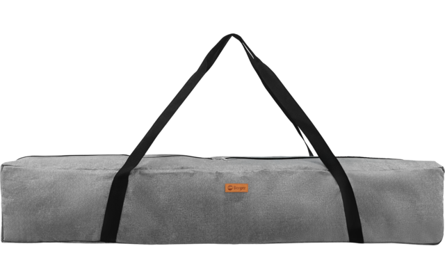 Graue Stofftasche mit schwarzen Tragegurten, länglich und flach