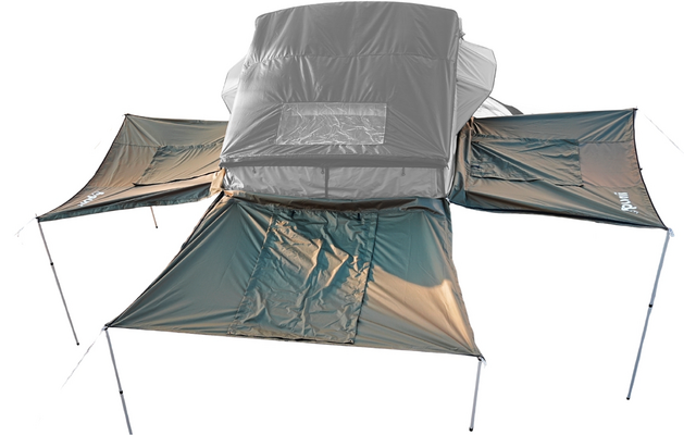 Aufgeklapptes graues Zelt mit erhöhtem mittigem Kabinenteil mit Fenster und drei ausgeklappten Vordächern, gestützt von Stangen; weißer Hintergrund