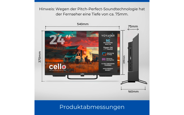 Vorder- und Seitenansicht eines Fernsehers mit auf dem Bildschirm sichtbarer Lkw-Szenerie und der Zahl "24", 'cello' Logo, rechtsseitiger Feature-Block, Maßangaben 540mm Breite, 370mm Höhe, 75mm Tiefe, Fuß 160mm; oben deutscher Hinweistext, unten bla