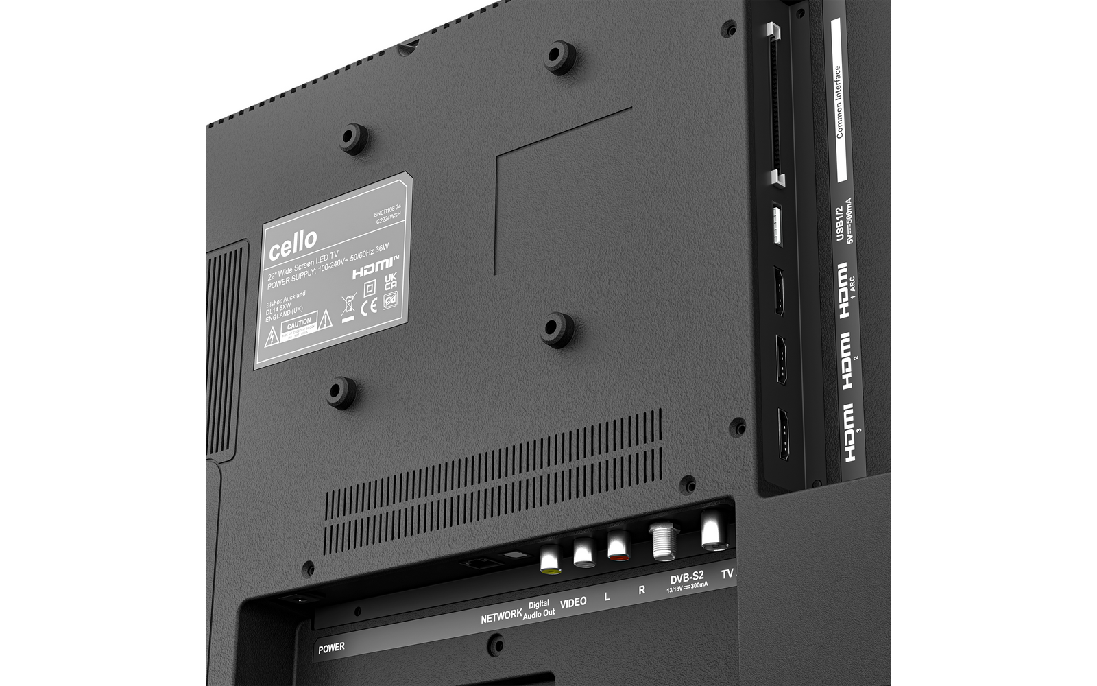 Rückseite eines Flachbildfernsehers mit Etikett "cello", runden Befestigungsnasen, seitlichen HDMI-Anschlüssen und einem Anschlussfeld mit Power-, Netzwerk-, Video-, Audio- (L/R) und TV-Konnektoren