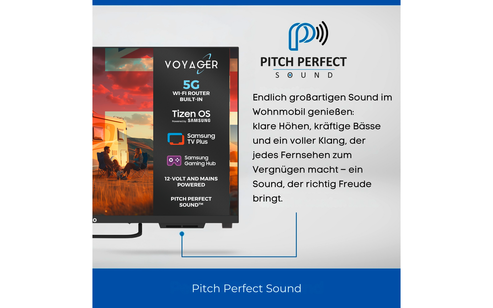 Teil eines Fernsehbildschirms links mit Aufkleber 'VOYAGER', rechts Logo 'Pitch Perfect Sound', deutscher Werbetext und blauer Balken unten mit 'Pitch Perfect Sound'