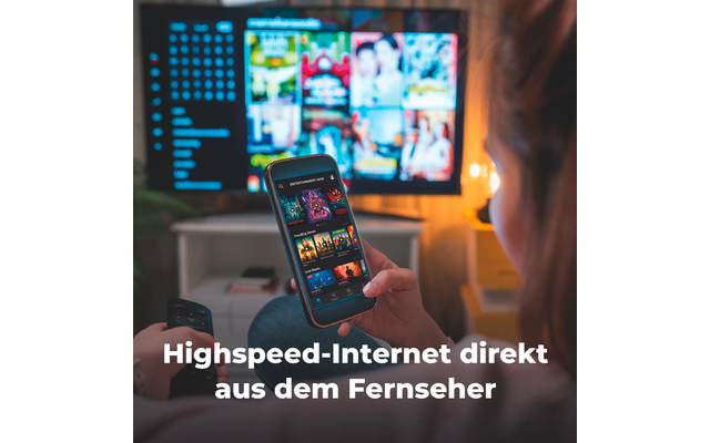 Unscharfe Person von hinten hält Smartphone mit Raster von Film- und Serienvorschaubildern; großer Fernseher im Hintergrund zeigt ebenfalls Vorschaubilder; Fernbedienung in der anderen Hand; weiße Textzeile unten: 'Highspeed-Internet direkt aus dem F