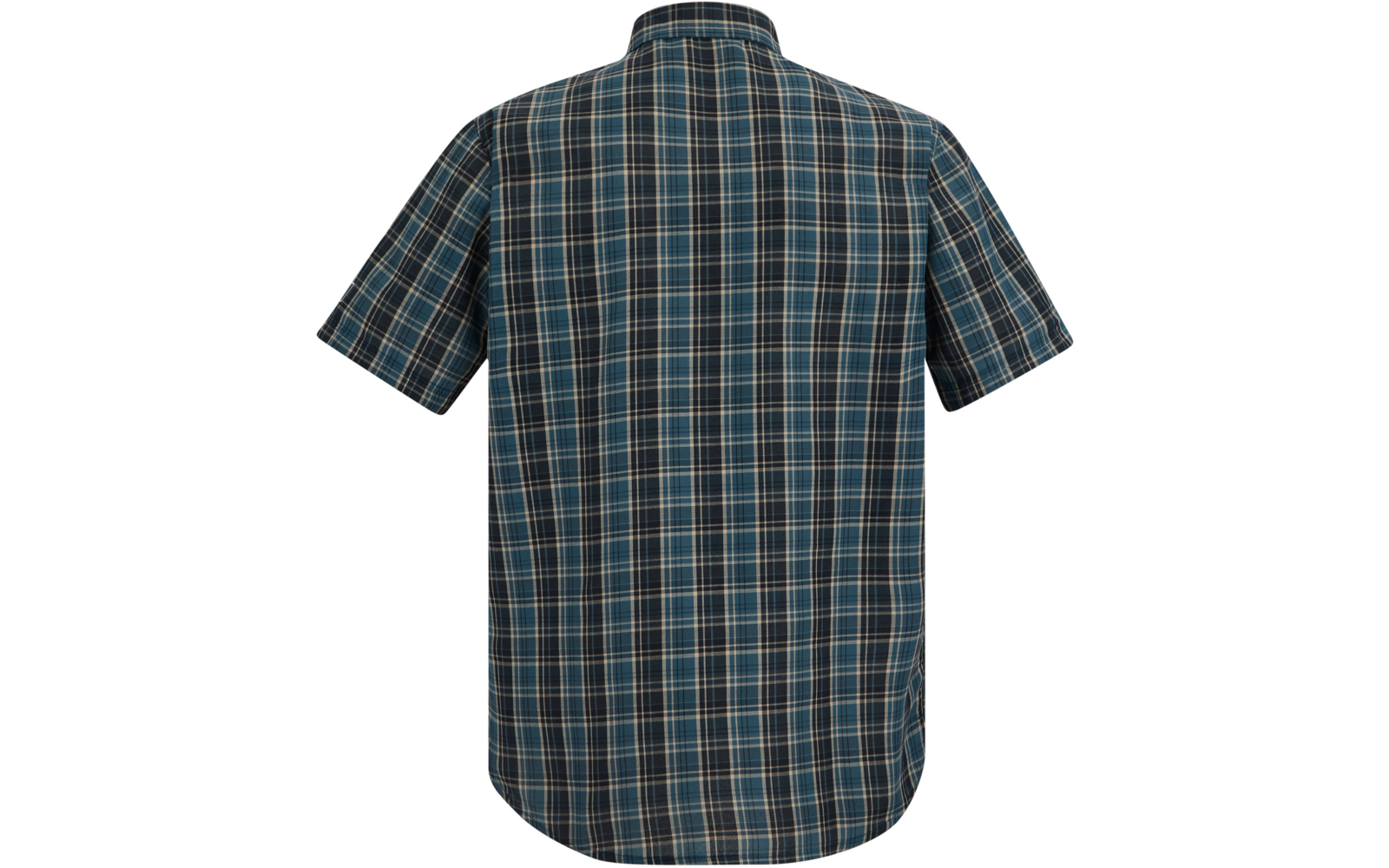 Rückenansicht eines kurzärmligen karierten Hemdes in Blau und Grün mit hellen Streifen und Kragen