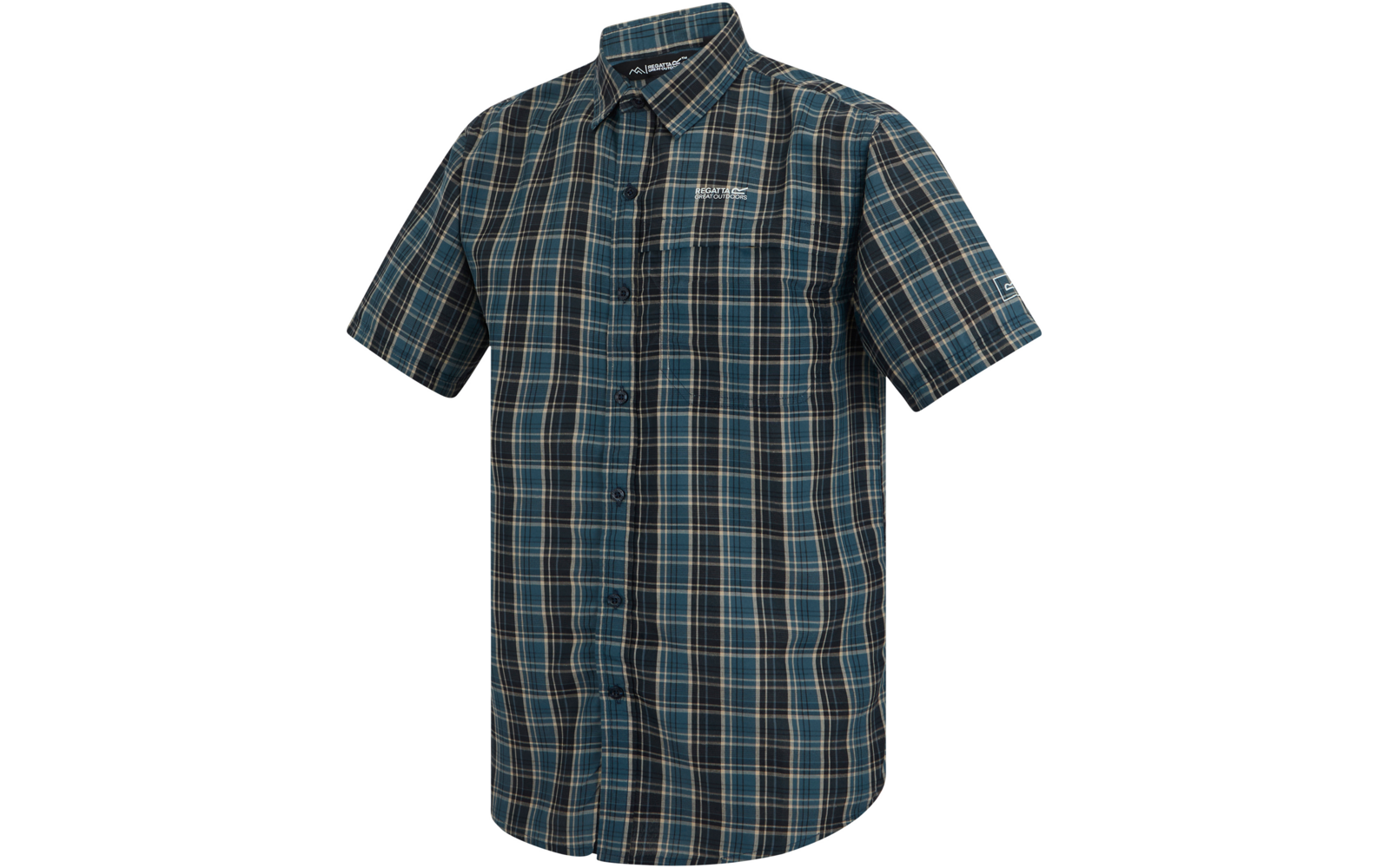 Kurzärmeliges kariertes Hemd in Dunkelblau mit hellen Streifen, Knopfleiste und Brusttasche mit kleinem weißem Logo